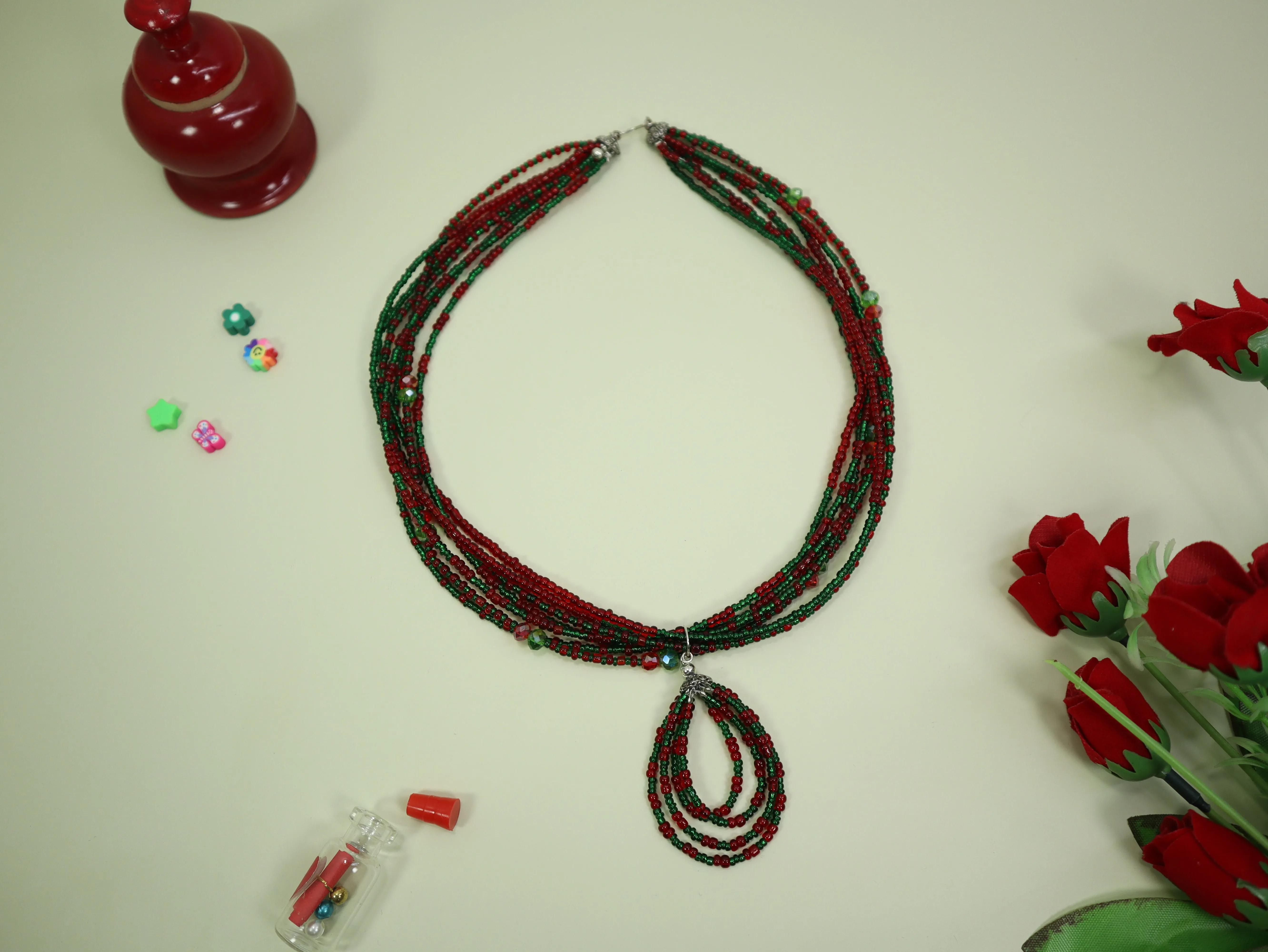 Antique Jewellery set with Seed beads - Red and Green