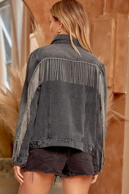 Charcoal Rhinestone Fringe Stylish Denim Jacket