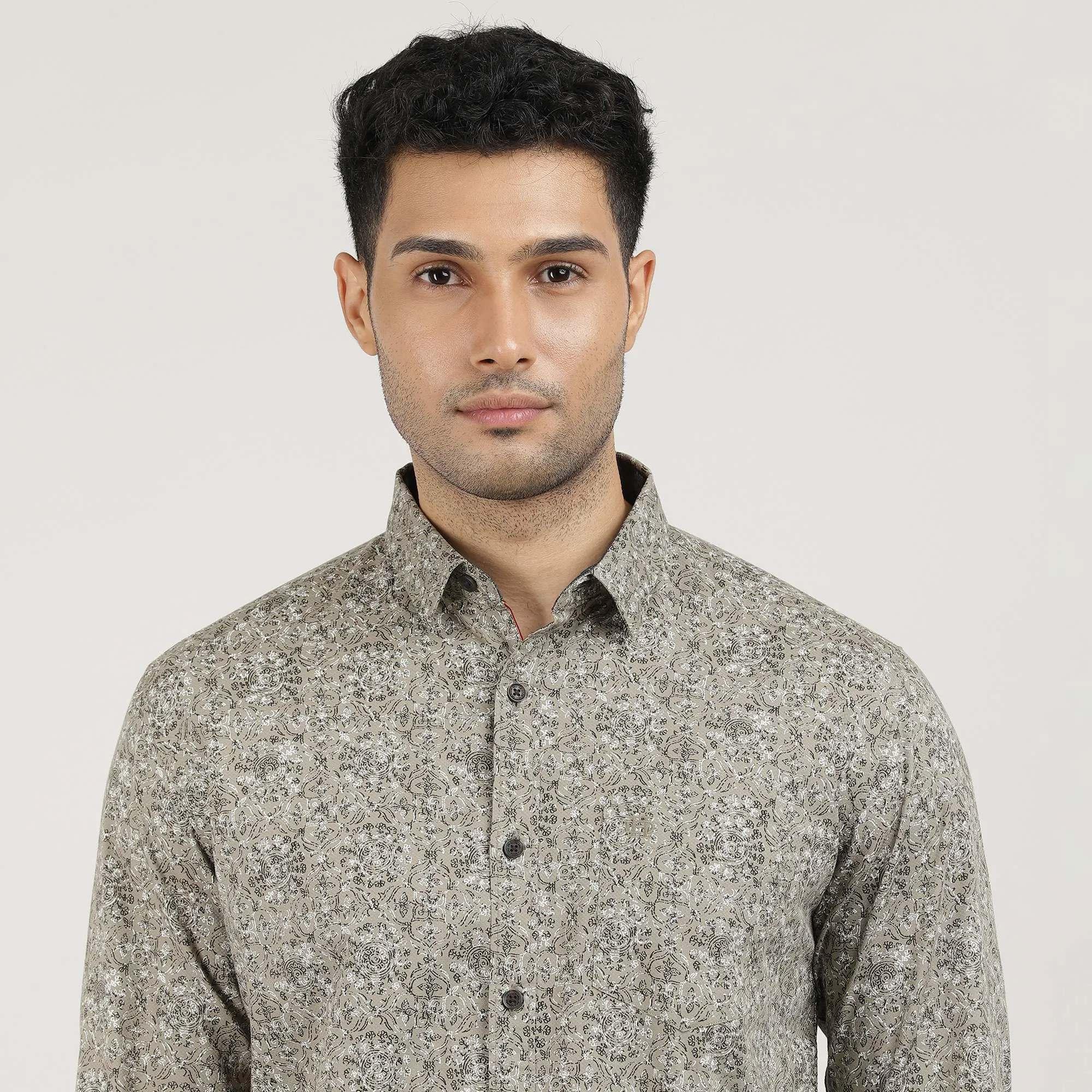 Fawn Poplin Printed Shirt with Pocket