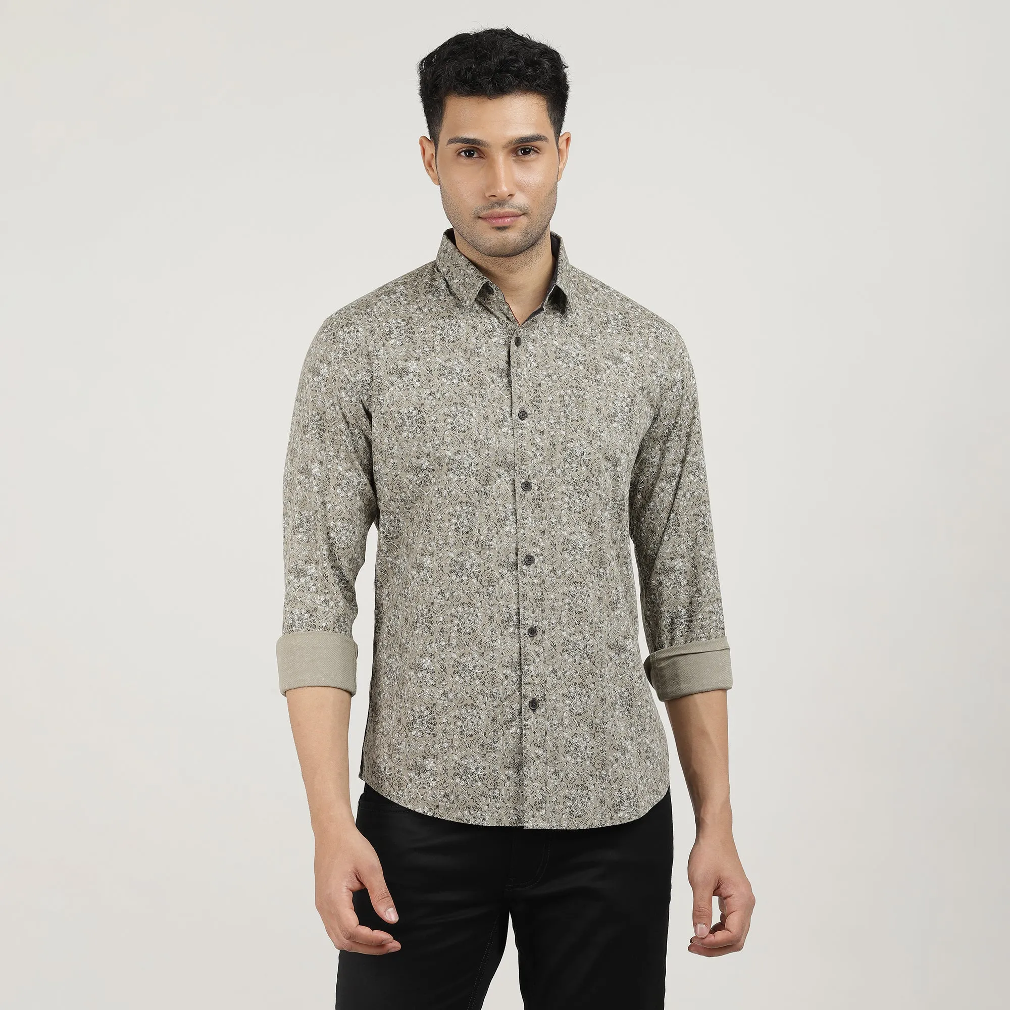 Fawn Poplin Printed Shirt with Pocket