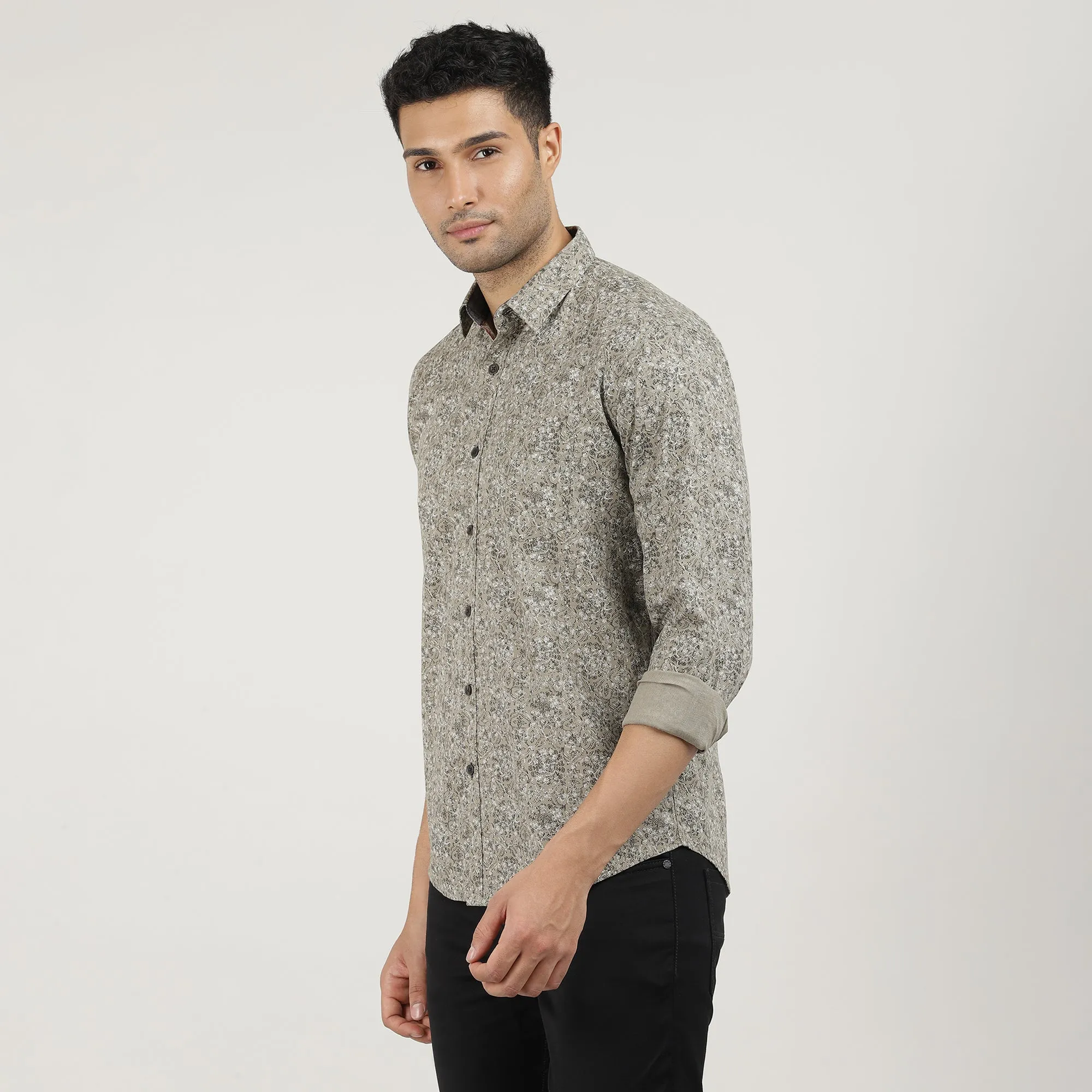 Fawn Poplin Printed Shirt with Pocket