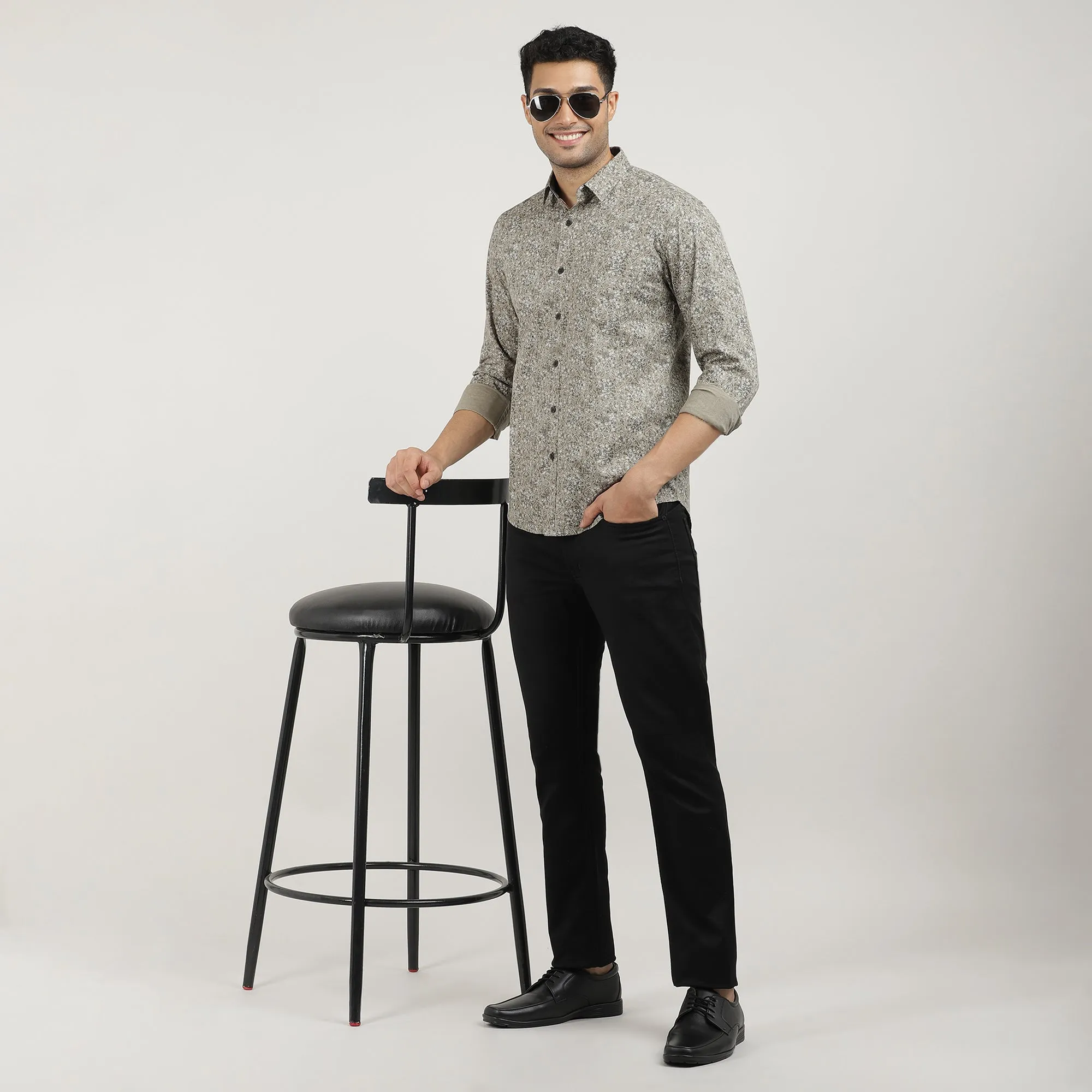 Fawn Poplin Printed Shirt with Pocket