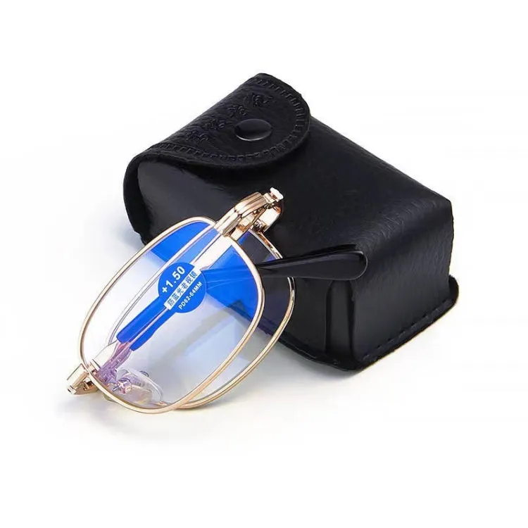 Folding Anti Blue-ray Presbyopic Reading Glasses with Case & Cleaning Cloth,  1.00D(Gold)