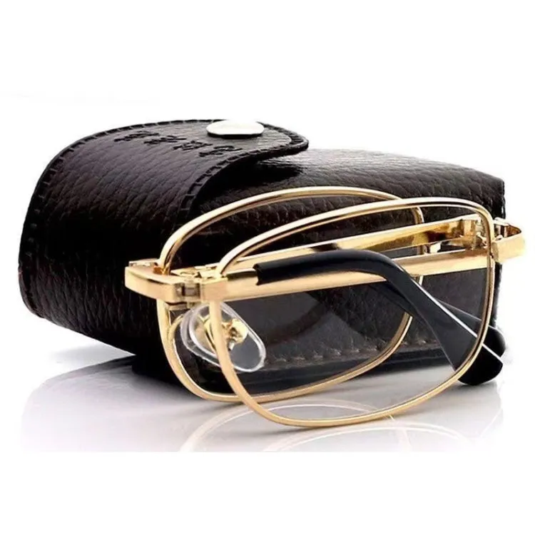 Folding Anti Blue-ray Presbyopic Reading Glasses with Case & Cleaning Cloth,  1.00D(Gold)