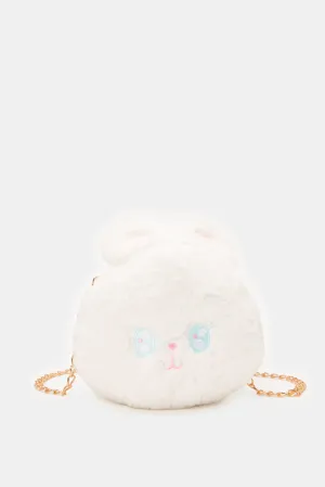 Girls White Cat Faux Fur Cross Body Bag