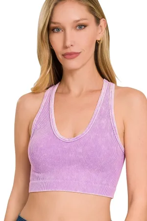 Lavender Washed Ribbed V-Neck Racerback  Athletic Sports Bra