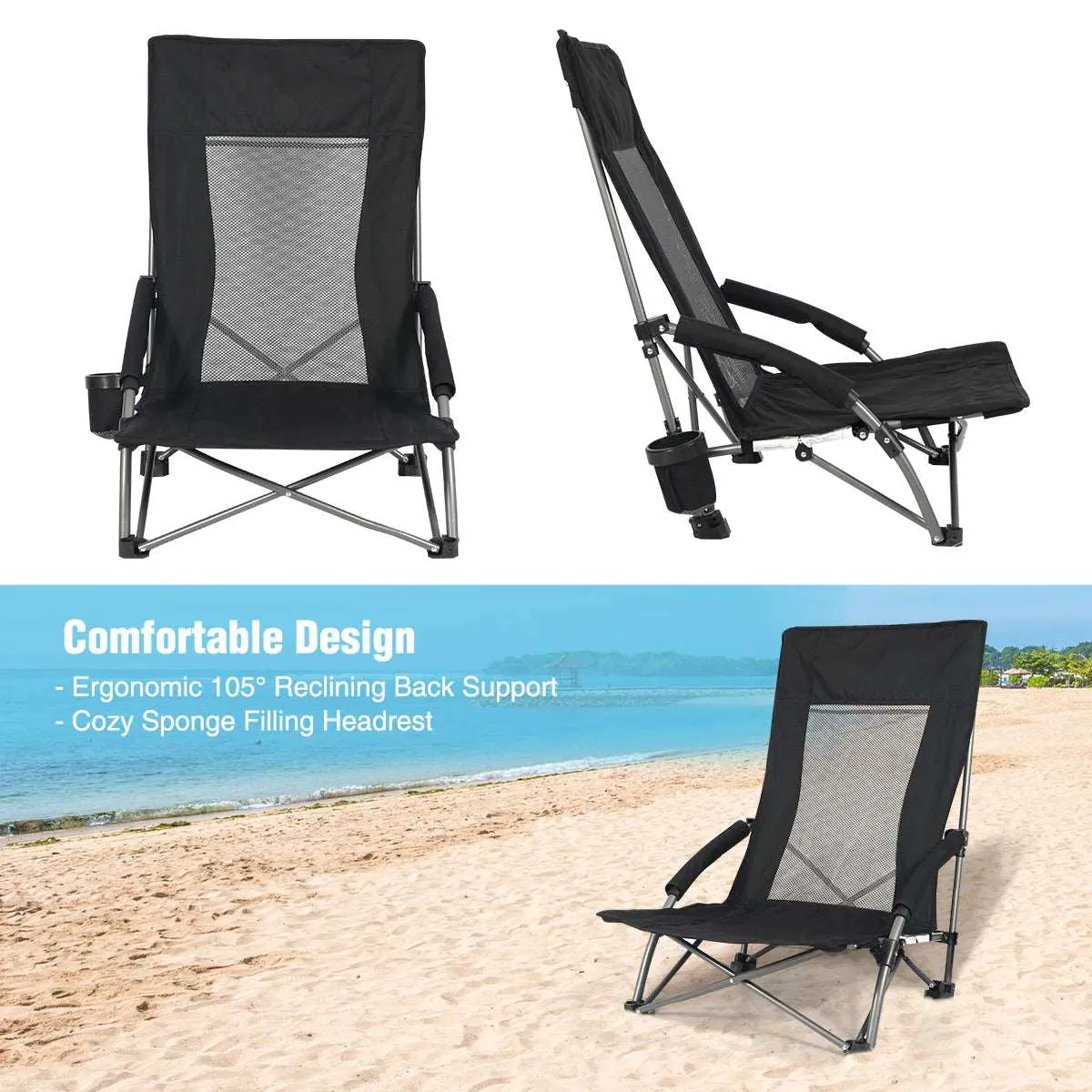 Low Seat Beach Chair with High Mesh Back