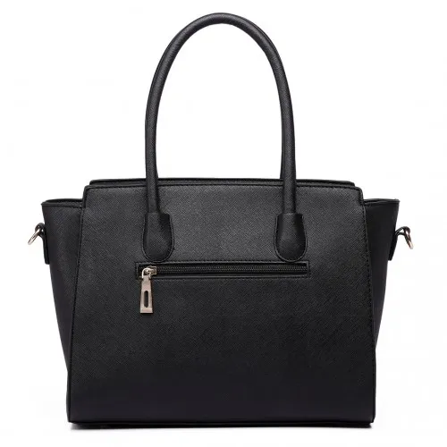 Miss Lulu Black Faux Leather Large Winged Tote Bag - Elegant Handbag with Detachable Strap