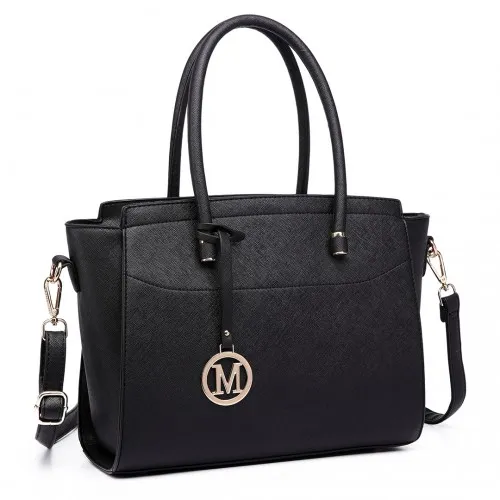 Miss Lulu Black Faux Leather Large Winged Tote Bag - Elegant Handbag with Detachable Strap