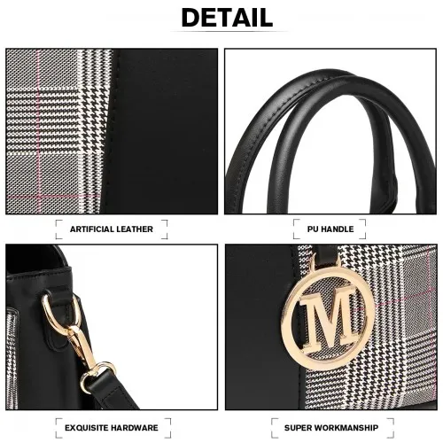 Miss Lulu Gingham Plaid Panel Shoulder Bag - Black | Stylish & Durable Handbag