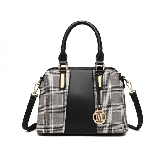 Miss Lulu Gingham Plaid Panel Shoulder Bag - Black | Stylish & Durable Handbag