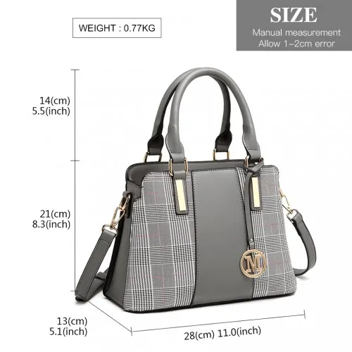 Miss Lulu Gingham Plaid Panel Shoulder Bag - Grey | Stylish & Versatile Women's Handbag