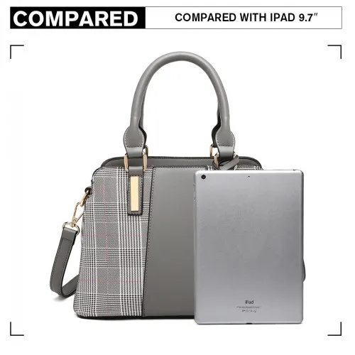 Miss Lulu Gingham Plaid Panel Shoulder Bag - Grey | Stylish & Versatile Women's Handbag