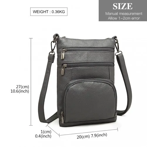 Miss Lulu Multi Pocket RFID-Blocking Leather Cross Body Bag - Grey | Secure & Stylish