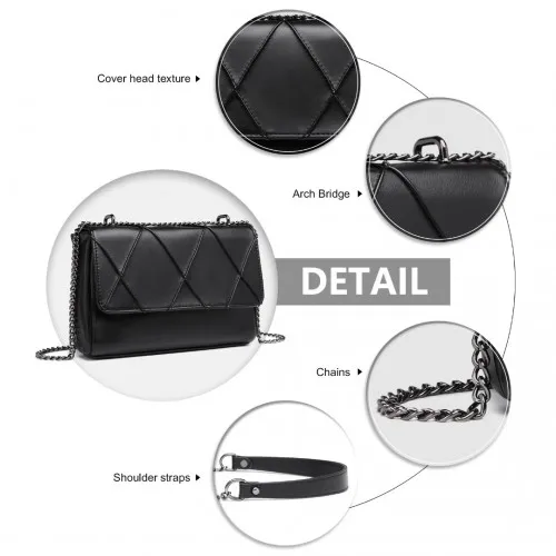 Miss Lulu Rhombus Flap Chain Shoulder Bag - Stylish Black PU Leather Handbag