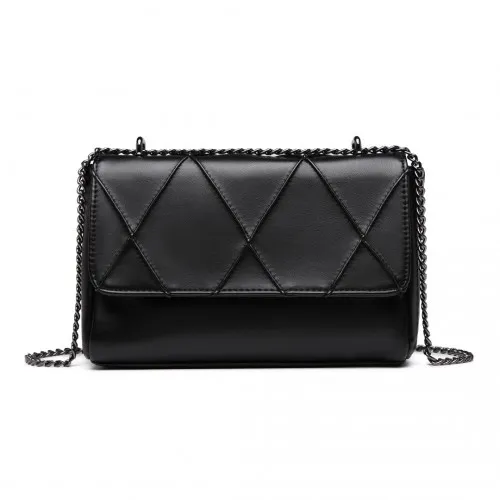 Miss Lulu Rhombus Flap Chain Shoulder Bag - Stylish Black PU Leather Handbag