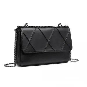 Miss Lulu Rhombus Flap Chain Shoulder Bag - Stylish Black PU Leather Handbag