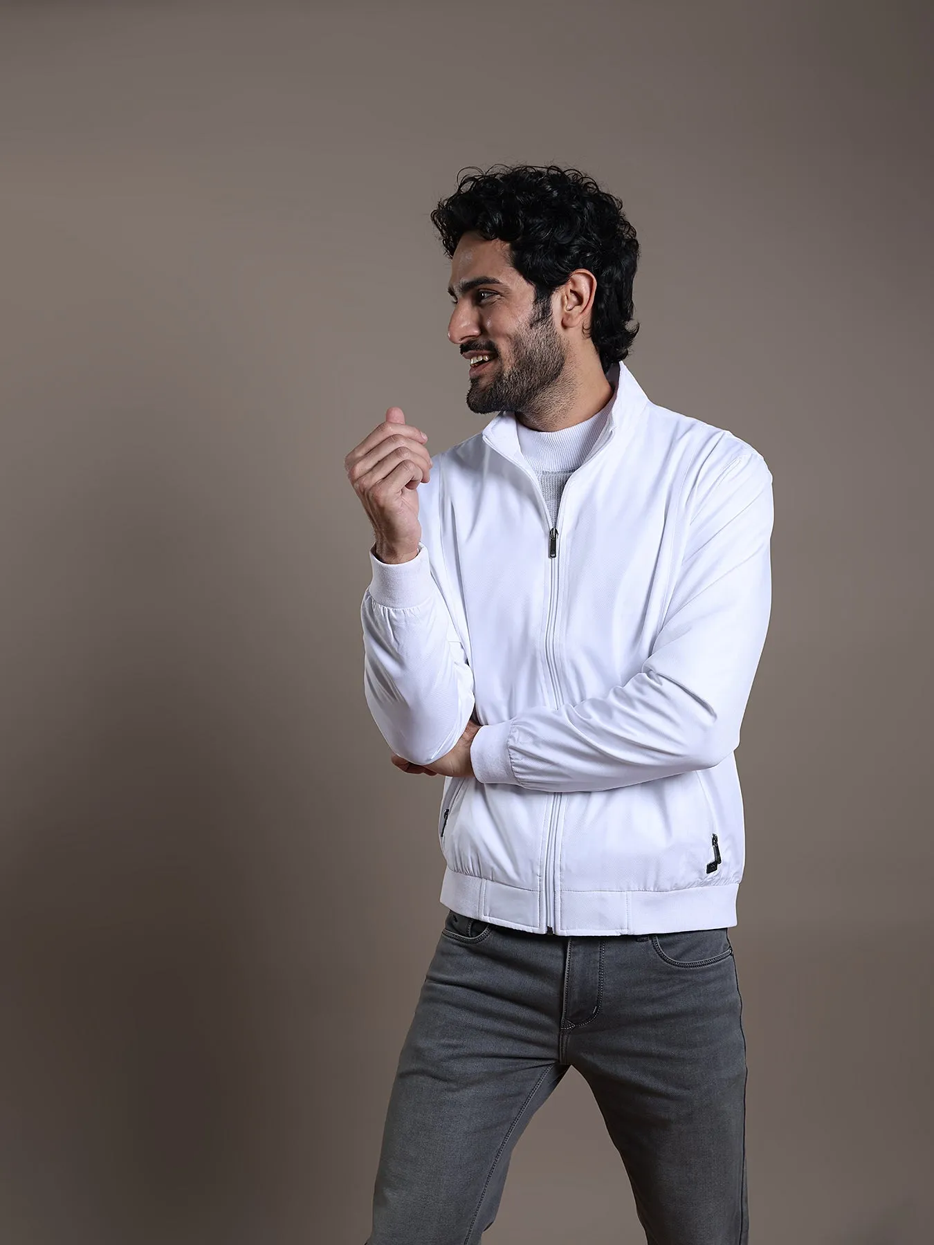 Polyester White Plain Regular Fit Full Sleeve Casual Windcheater