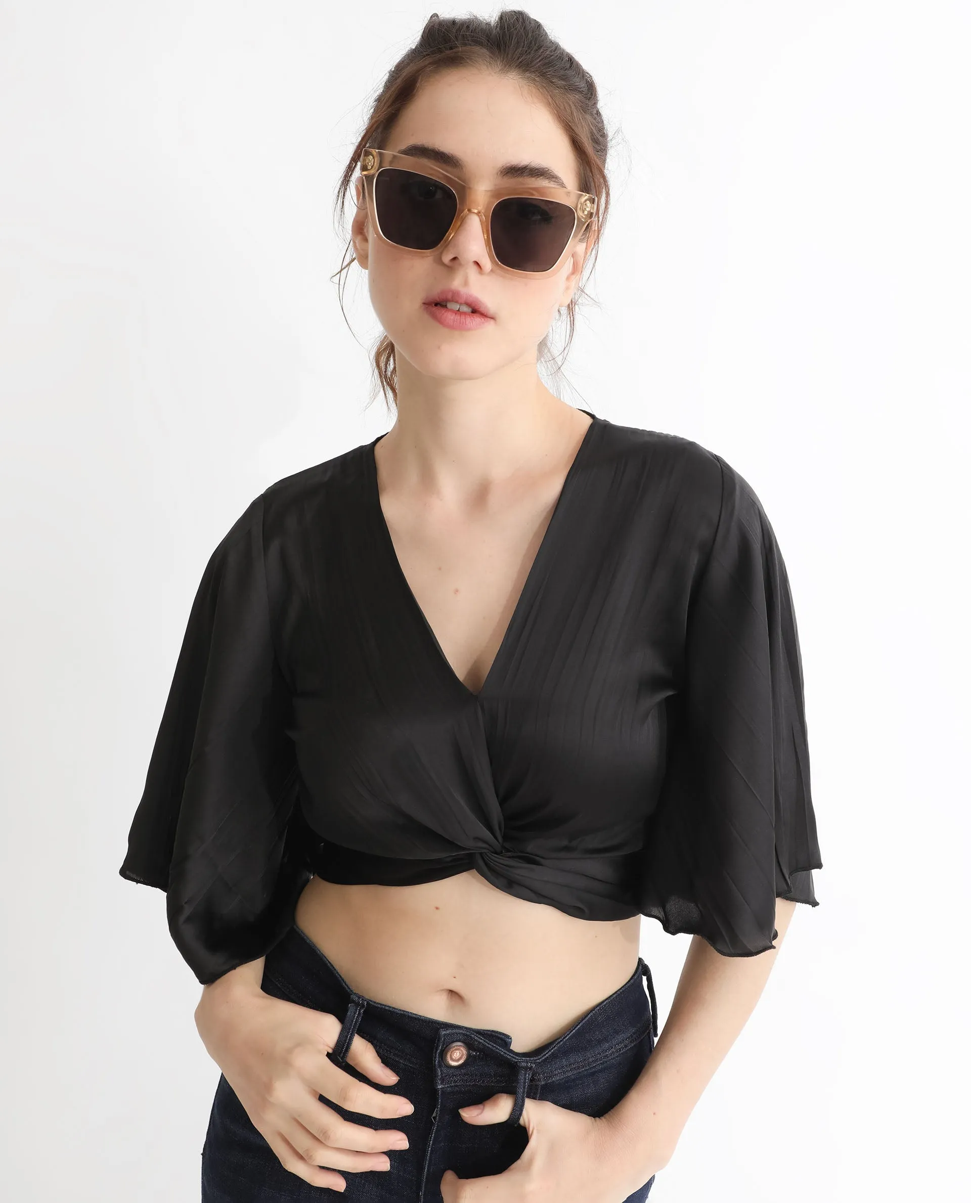 Rareism Women Ainara Black Polyester Fabric Regular Fit Cropped V-Neck Half Sleeves Solid Top