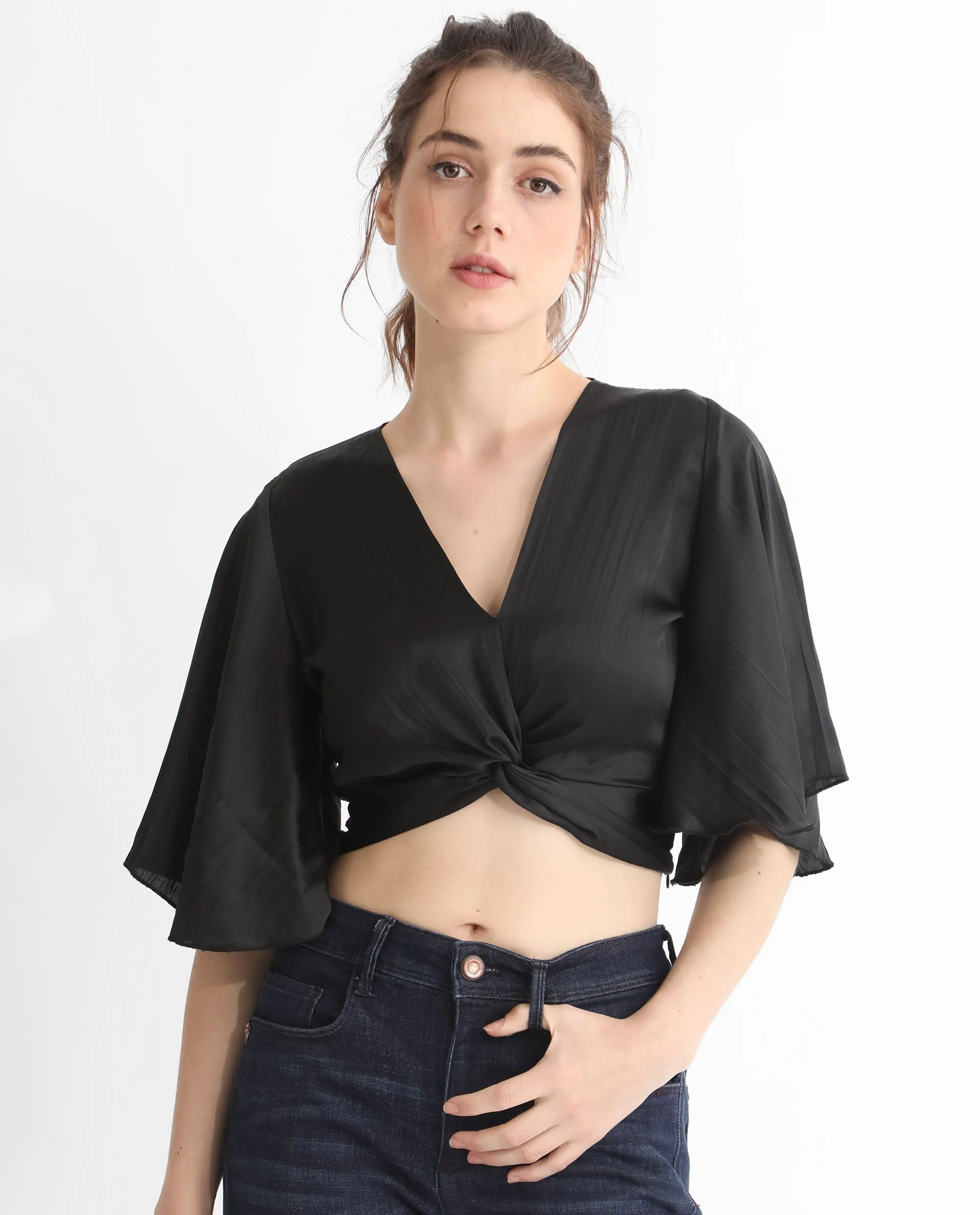 Rareism Women Ainara Black Polyester Fabric Regular Fit Cropped V-Neck Half Sleeves Solid Top