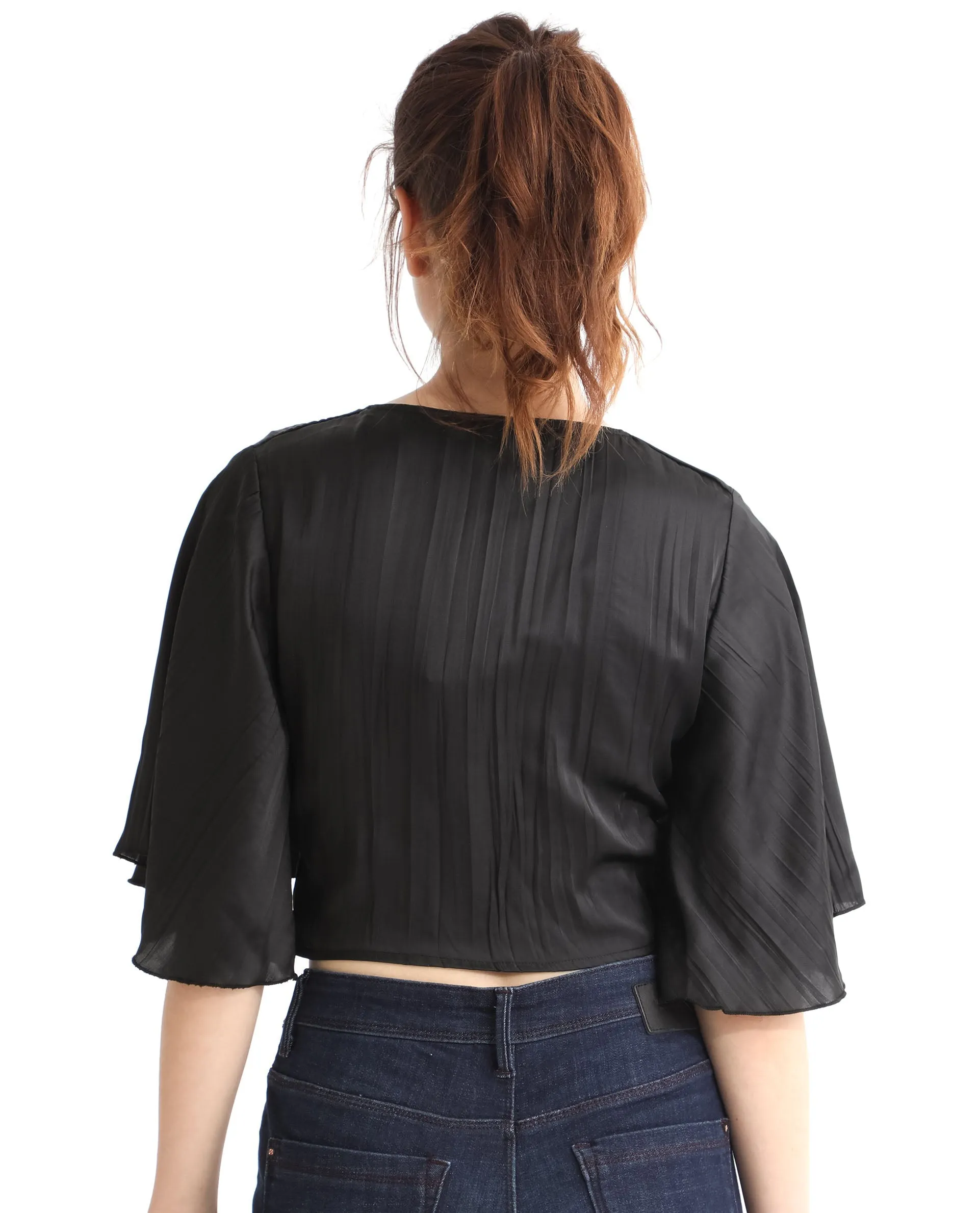 Rareism Women Ainara Black Polyester Fabric Regular Fit Cropped V-Neck Half Sleeves Solid Top