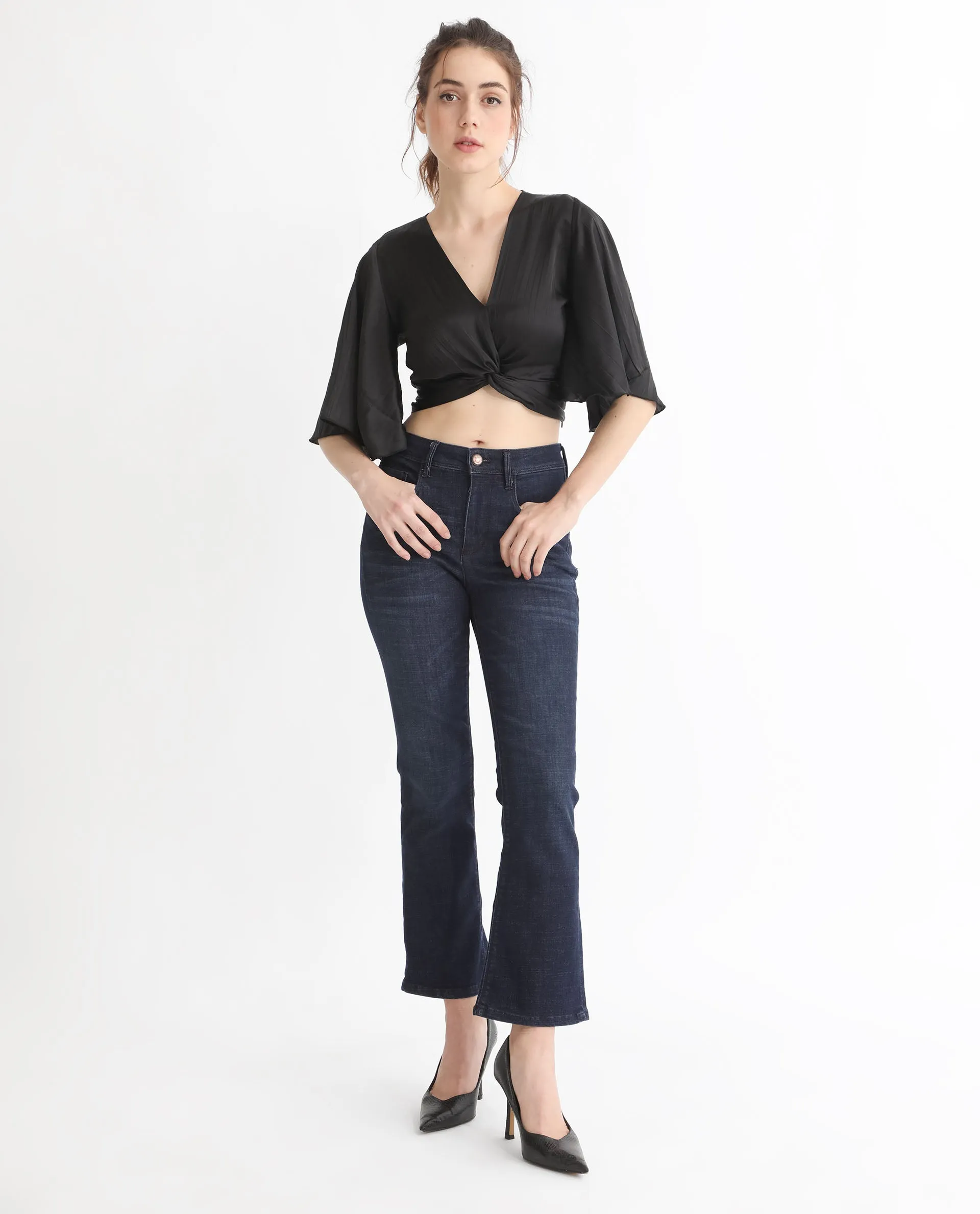 Rareism Women Ainara Black Polyester Fabric Regular Fit Cropped V-Neck Half Sleeves Solid Top