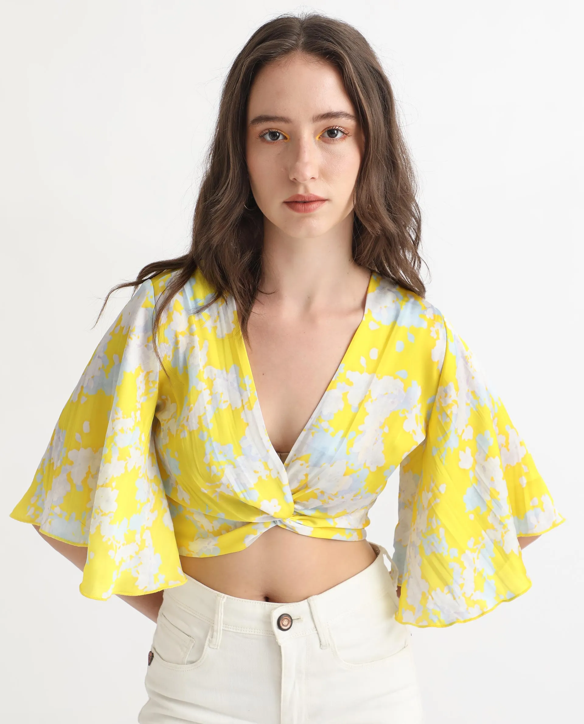 Rareism Women Ainara Yellow Polyester Fabric Short Sleeves Zip Closure V-Neck Flared Sleeve Regular Fit Abstract Print Cropped Top