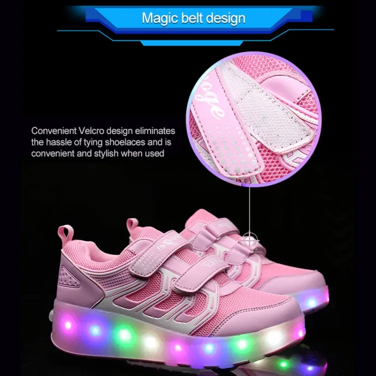 WS01 LED Light Ultra Light Mesh Surface Rechargeable Double Wheel Roller Skating Shoes Sport Shoes, Size : 33(Pink)