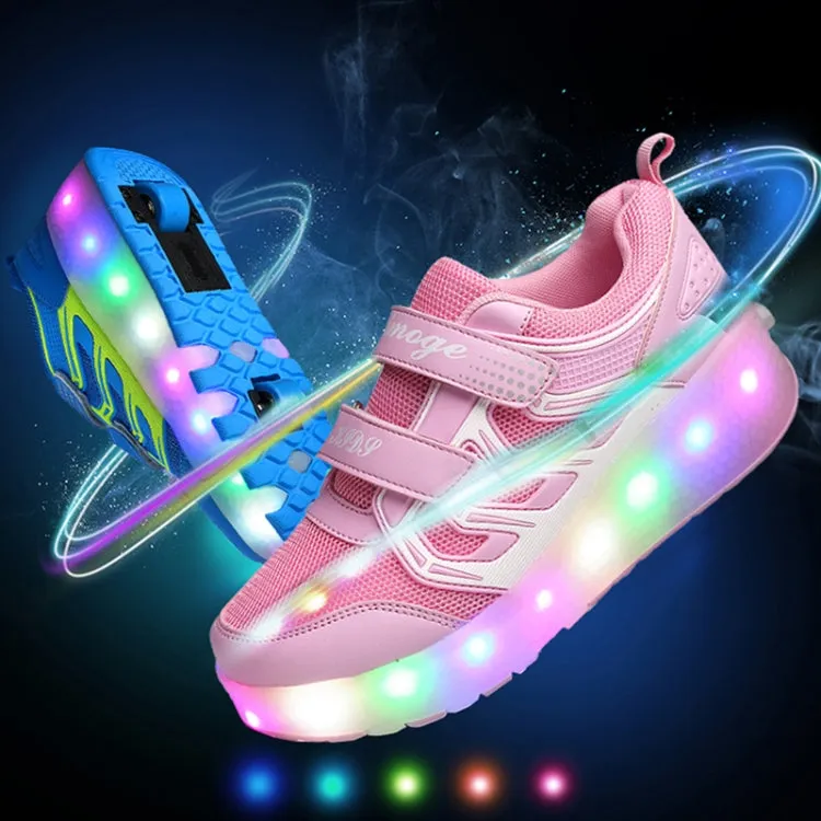 WS01 LED Light Ultra Light Mesh Surface Rechargeable Double Wheel Roller Skating Shoes Sport Shoes, Size : 33(Pink)