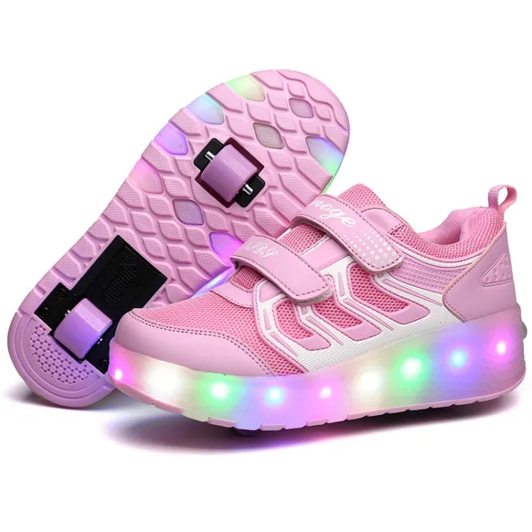 WS01 LED Light Ultra Light Mesh Surface Rechargeable Double Wheel Roller Skating Shoes Sport Shoes, Size : 33(Pink)