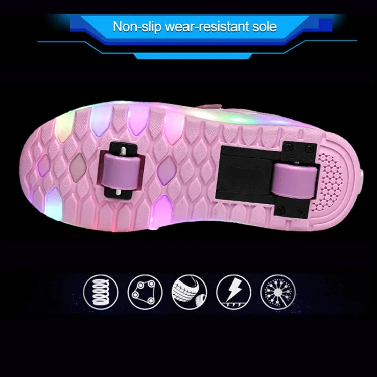 WS01 LED Light Ultra Light Mesh Surface Rechargeable Double Wheel Roller Skating Shoes Sport Shoes, Size : 33(Pink)