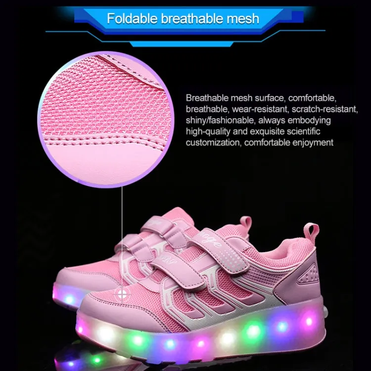 WS01 LED Light Ultra Light Mesh Surface Rechargeable Double Wheel Roller Skating Shoes Sport Shoes, Size : 33(Pink)