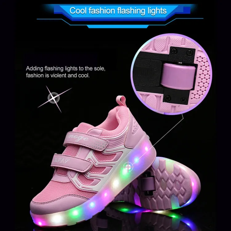 WS01 LED Light Ultra Light Mesh Surface Rechargeable Double Wheel Roller Skating Shoes Sport Shoes, Size : 33(Pink)